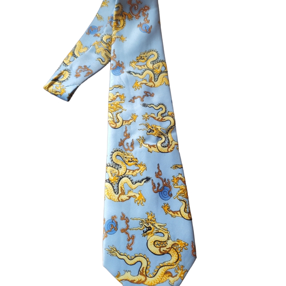 Gold City handmade silk tie light blue with asian dragins